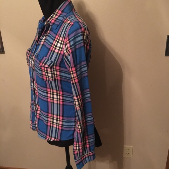 🎁2/$12 ABERCROMBIE & FITCH M COTTON BUTTON UP PINK, BLUE & YELLOW PLAID SHIRT - Picture 3 of 12